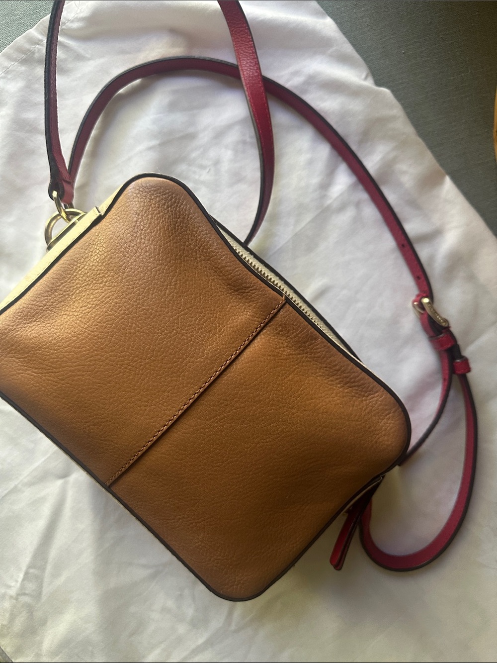 Cole Haan Benson Camera Bag- Light Brown Camel Cream and Red Leather - Picture 6 of 16